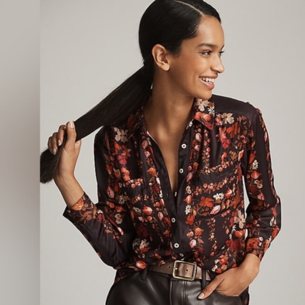 Anthropologie Floral Blouse - Black and Red